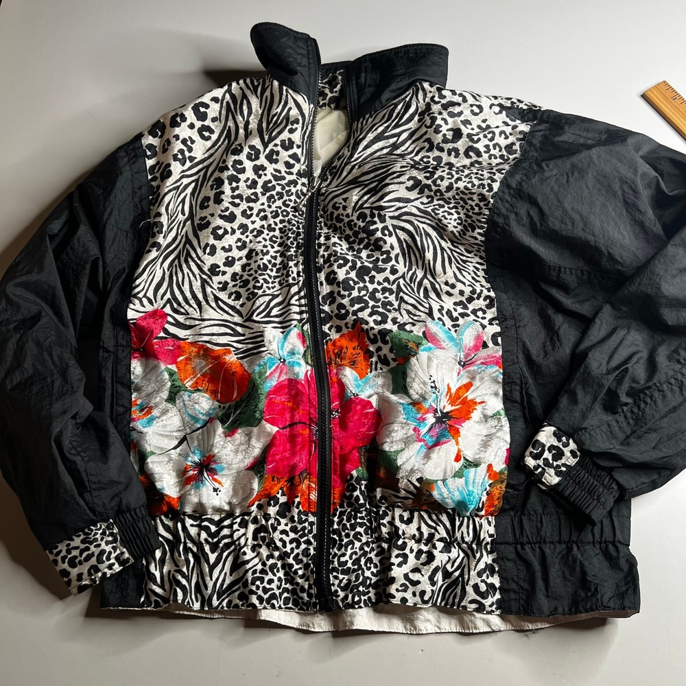 East West Vintage Windbreaker‎ Jacket Floral Leopard Zebra Print Black Small